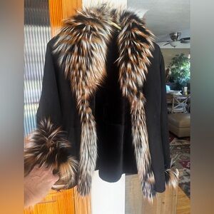 Real leather sheeting coat with bleached blue fox trim.